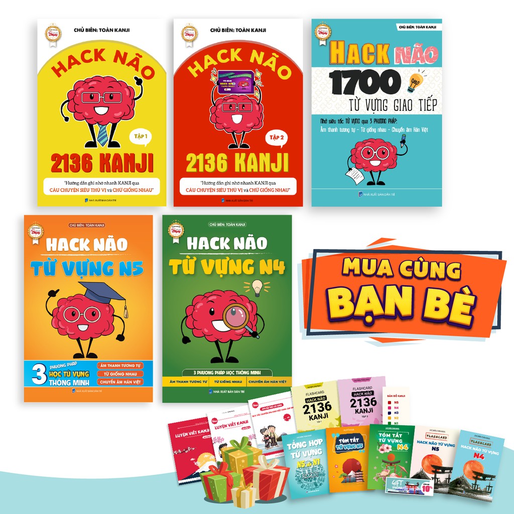 Sách Tiếng Nhật - Combo 5 Hack Não Kanji 1&2 + Hack Não Từ Vựng N5&4 + 1700 Từ Vựng Giao Tiếp