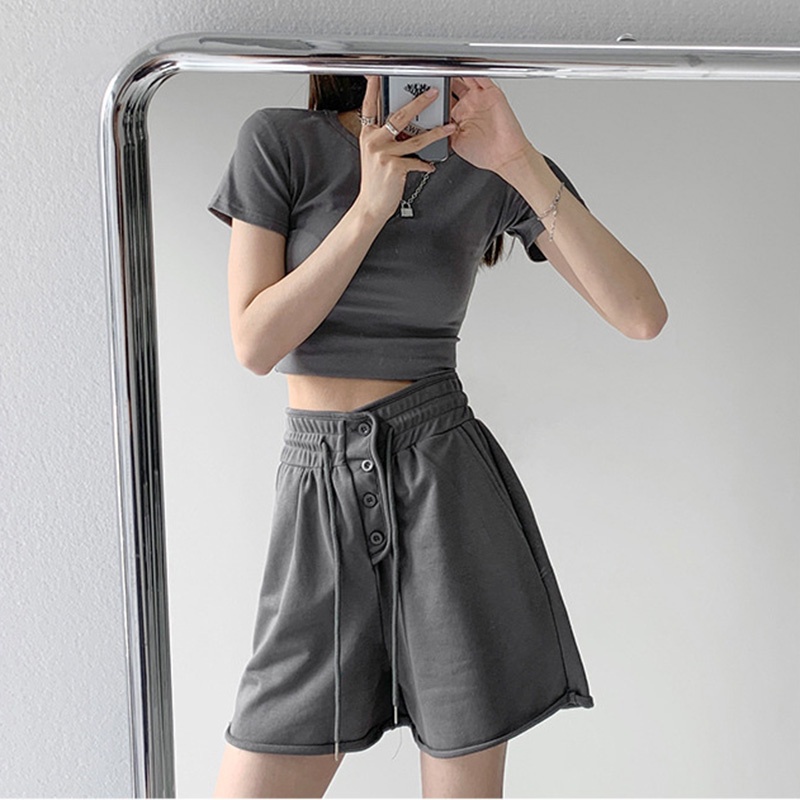 Quần short thể thao IELGY lưng cao dáng rộng phối dây rút thời trang mùa hè cho nữ