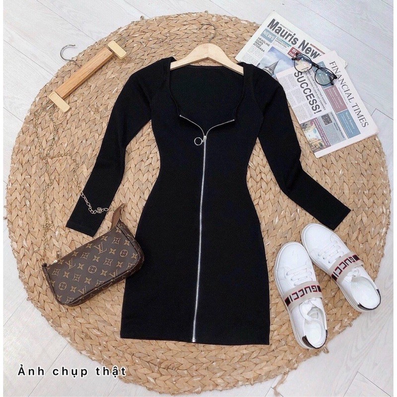 Váy Ôm Body Tay Dài Dây Kéo Màu Trơn Siêu Đẹp Free Size Dưới 54KG