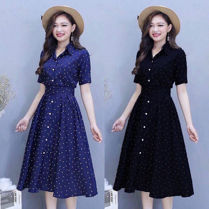 ĐẦM XÒE CỔ SƠ MI CHẤM BI TAY NGẮN KÈM BELT CÁCH ĐIỆU SANG TRỌNG có size lớn XL - hàng việt nam