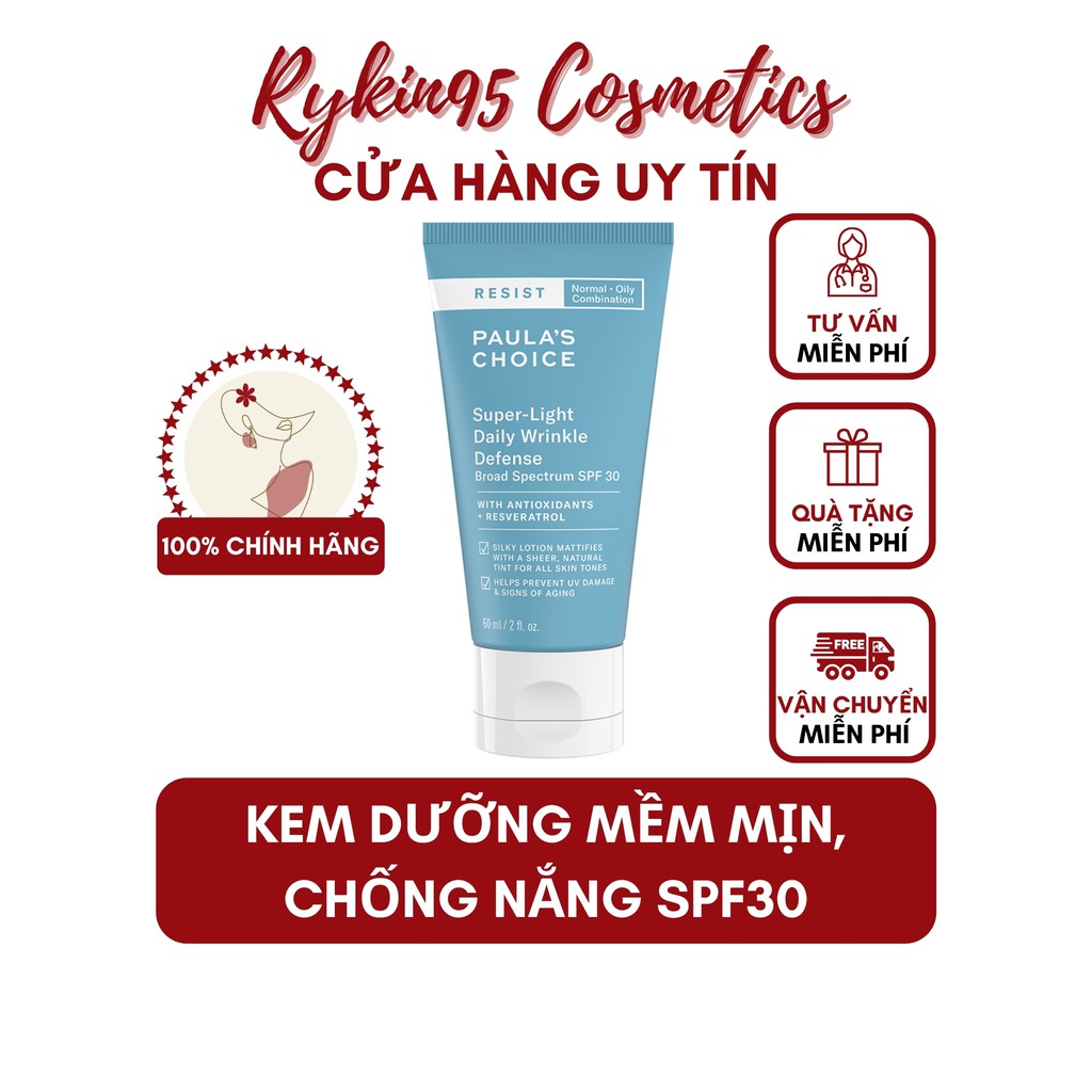 [CHÍNH HÃNG] Kem ngày mềm mịn, chống nắng phổ rộng Paula's Choice Resist Super Light Daily Wrinkle Defence