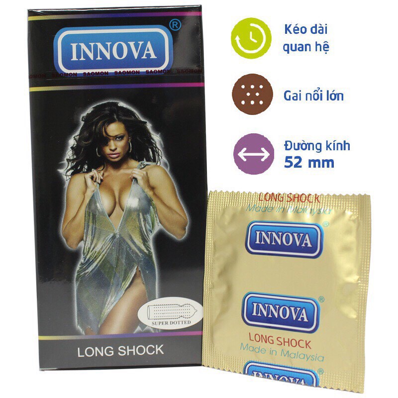 Combo 2 hộp bao cao su INNOVA Long Shock đen, bao cao su gân gai, kéo dài thời gian yêu, hộp 12 bao