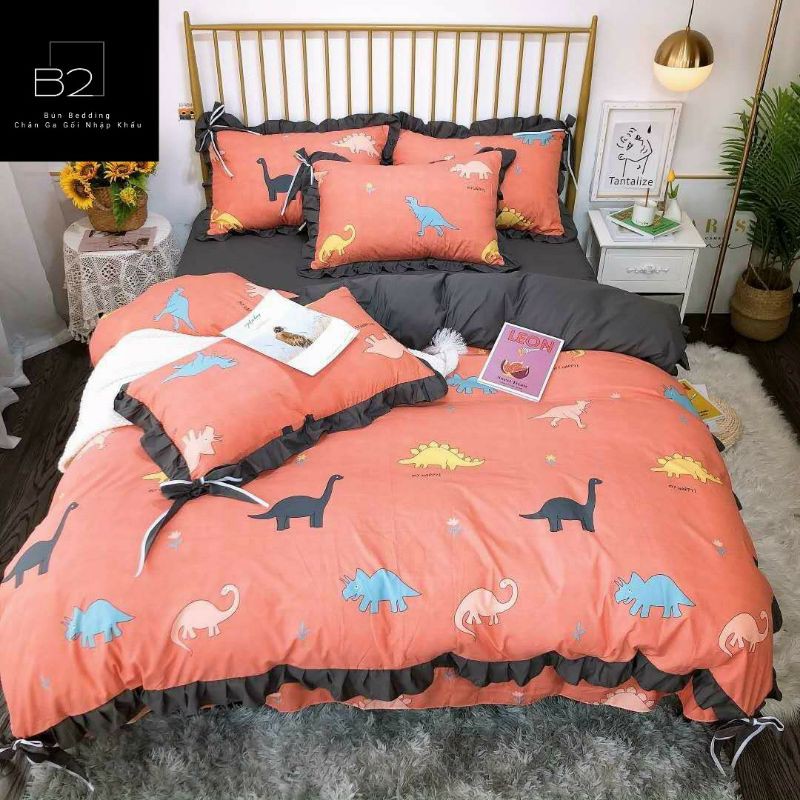 Bộ Chăn Ga Gối Chất Liệu Cotton Silk Bèo Nơ Cute Nhập Khẩu 4 Món - loại 1