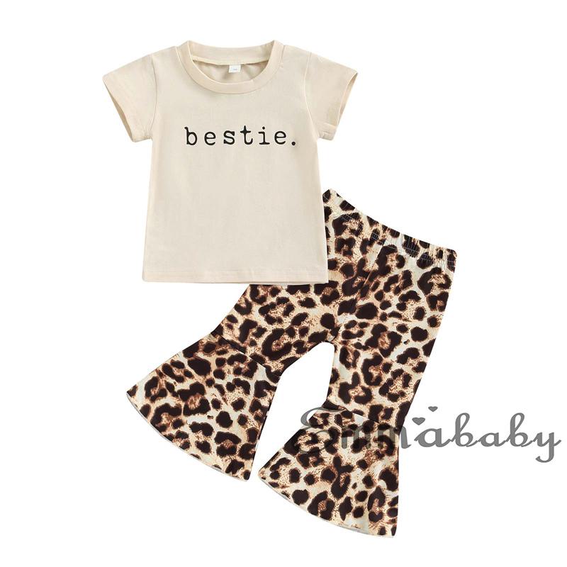 Áo Thun Tay Ngắn Và Quần Dài Ống Loe Họa Tiết Da Báo Cho Bé Gái