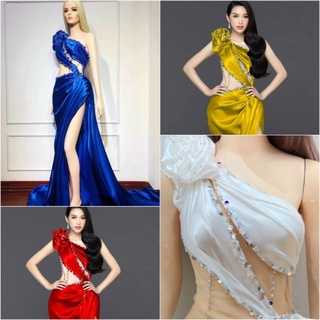 Đầm váy lụa dạ hội 1 vai đính hoa xẻ tà kết pha lê sắc xảo
