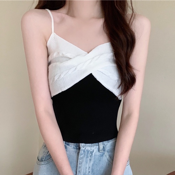 Áo Hai Dây Dáng Ngắn Màu Sắc Tương Phản Thời Trang Mùa Hè Cho Nữ