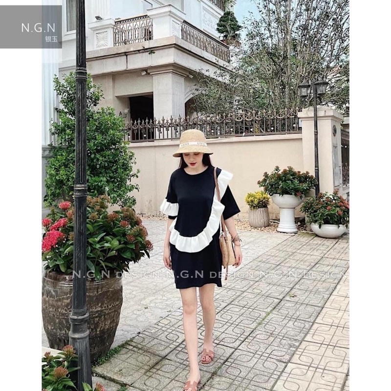 Áo thun tay lỡ dáng babydoll phối viền bèo trắng CAMNHUNG - Áo phông nam nữ chất cotton dày dặn Freesize form rộng 65kg