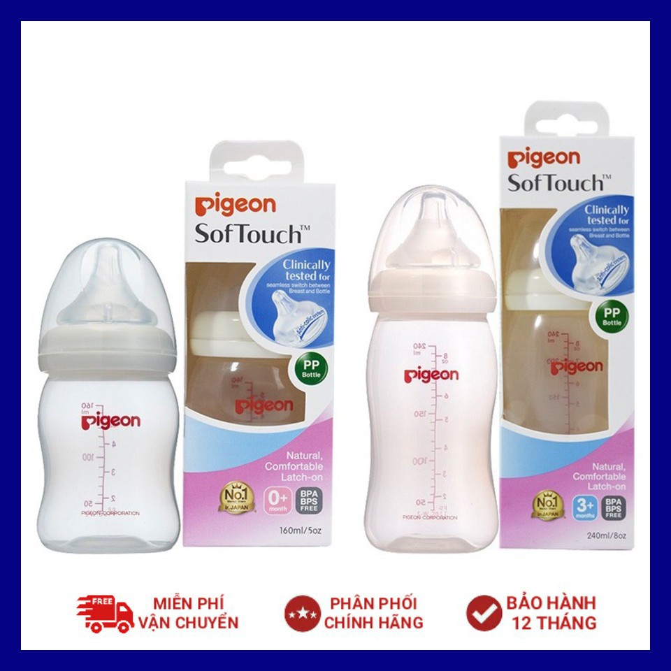 Bình sữa Pigeon 160ml / 240ml / 330ml cổ rộng PP Plus với núm vú silicone siêu mềm Plus