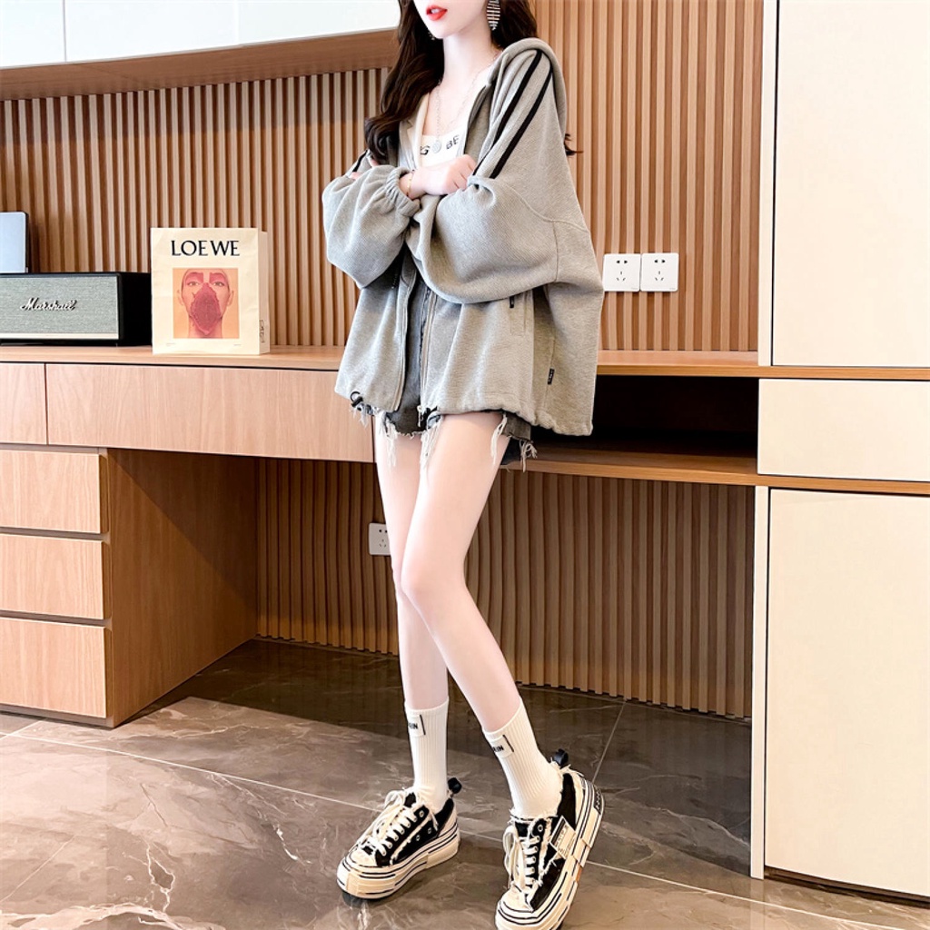 Áo khoác cardigan nữ chất nỉ ngoại nón trùm đầu in chữ tay bồng From rộng siêu phẩm của năm