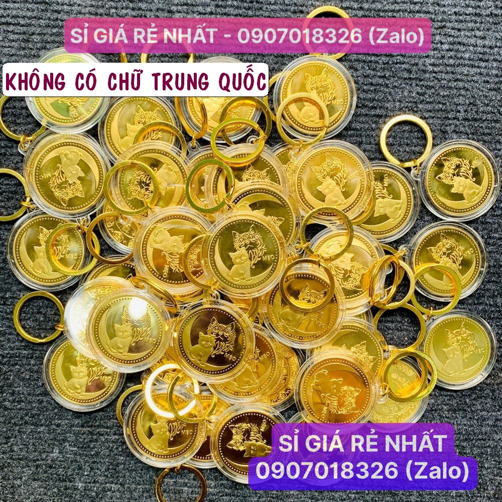 Móc Khóa Đồng Tiền Xu Con Mèo Mạ Vàng Quà tặng May Mắn Lì Xì Tết