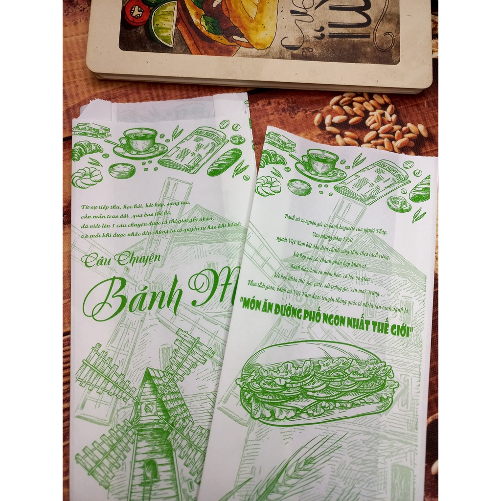 100 túi giấy ĐỰNG BÁNH MÌ TRUYỀN THỐNG Họa Tiết Xanh  / Giấy Thực Phẩm kraft