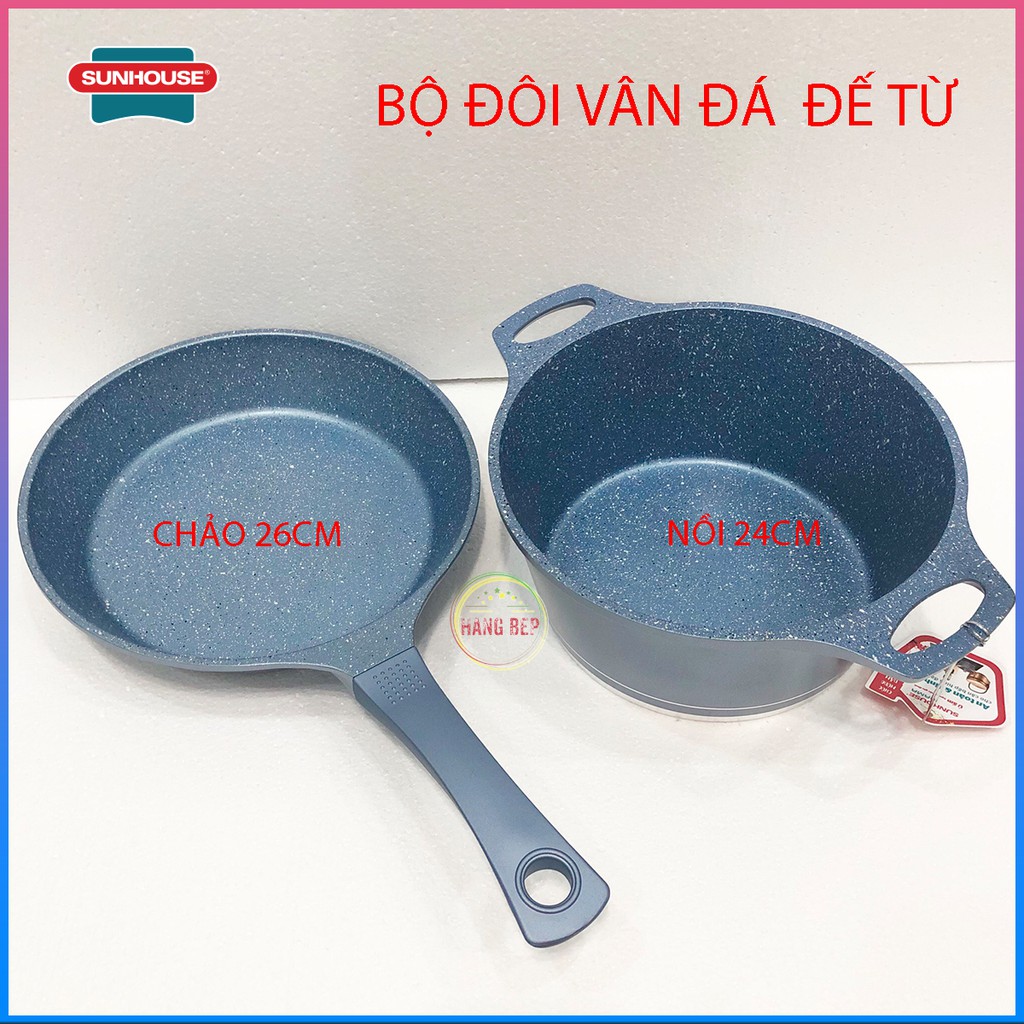 Bộ đôi nồi chảo vân đá đế từ 24cm &amp; 26cm  Sunhouse giá rẻ