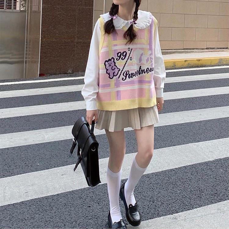 Áo dệt kim không tay in hoạt hình đáng yêu thời trang Nhật Bản