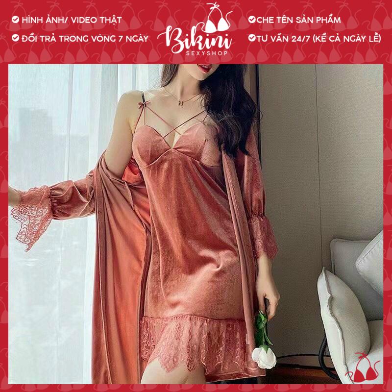 ❣️ SET CHOÀNG VÁY NGỦ NHUNG MỊN QUẢNG CHÂU CAO CẤP ĐAN DÂY NGỰC GỢI CẢM PHỐI REN FREESIZE MÀU ĐEN/ ĐỎ/ TRẮNG/ NẤU SN04