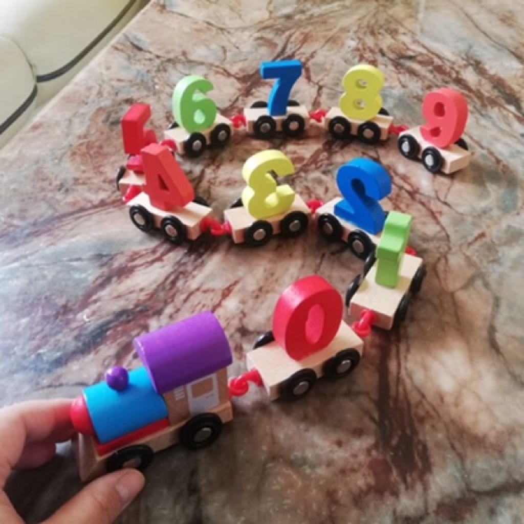 Đồ chơi cho bé, đoàn tàu hỏa thả hình số học bằng gỗ cho bé - đồ chơi gỗ Bonkids toys