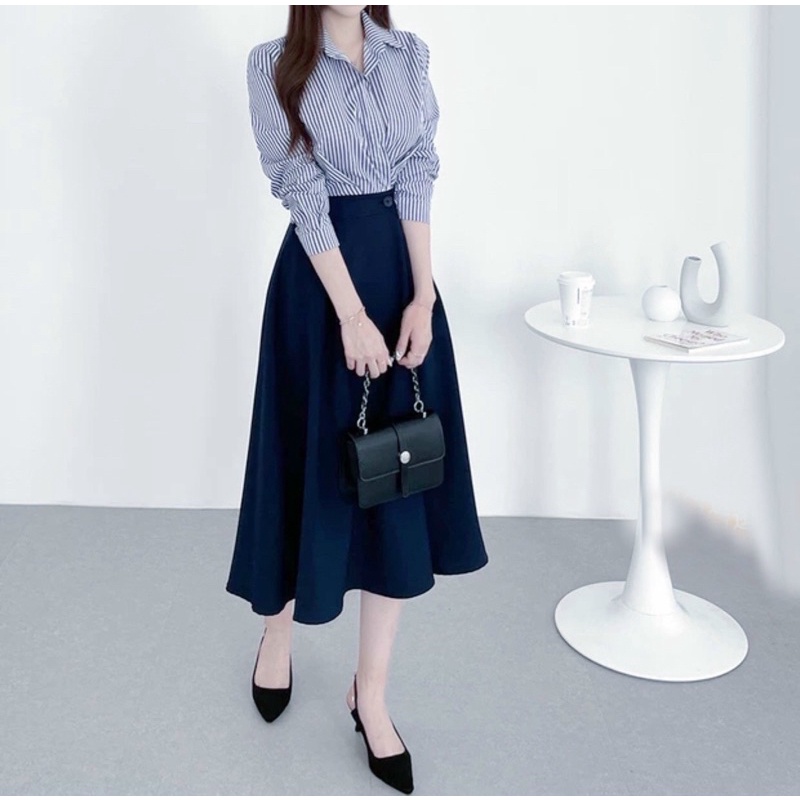Đầm váy xanh phối sọc giả set