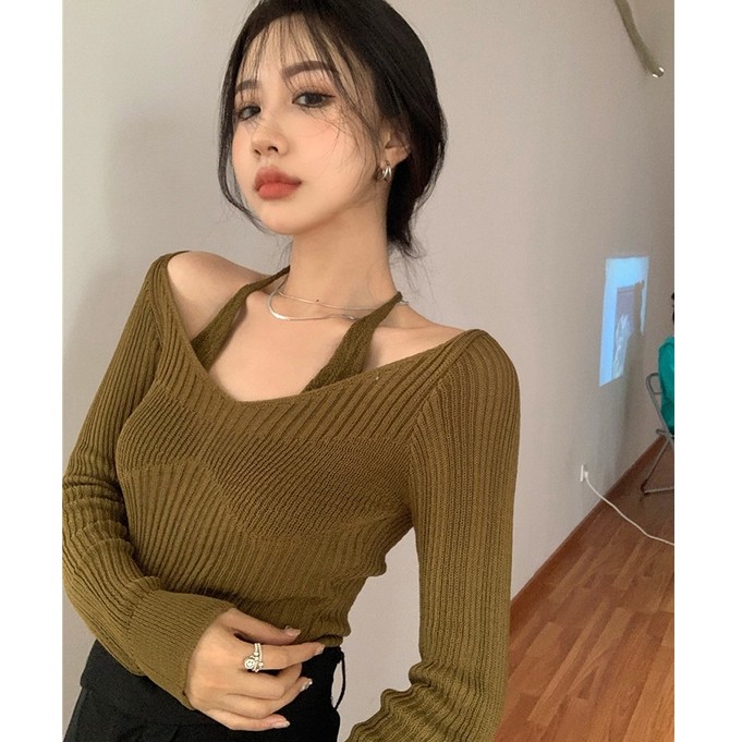 QADCOL Áo sweater dệt kim tay dài dáng ôm thiết kế độc đáo thời trang gợi cảm dành cho nữ