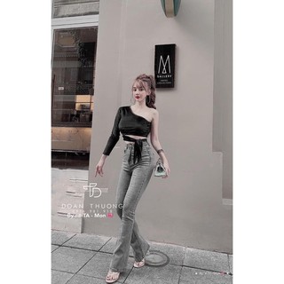 Áo croptop tay dài phối da beo