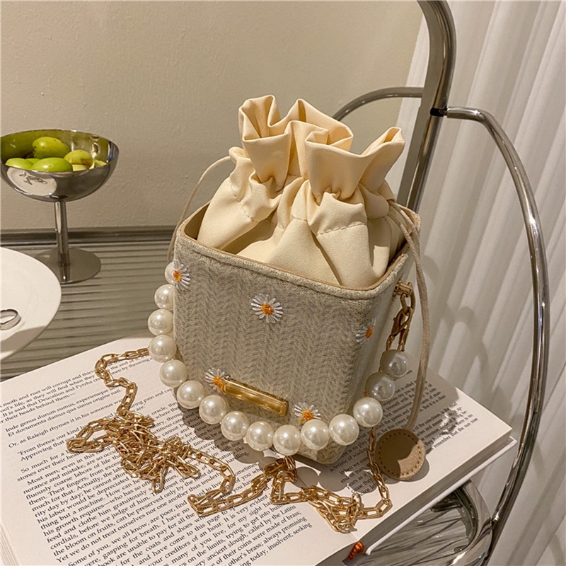 Túi cói Đan Lát Hình Tròn Đính Ngọc Trai Giả Thời Trang