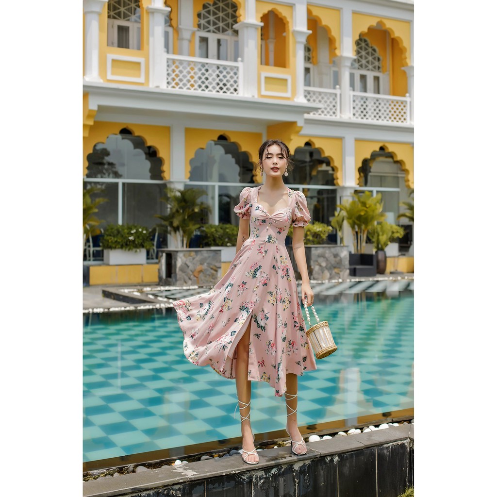 Thanh Lý Sò Vintage Size S - Gonna Đầm Hoa Nhún Ngực Tay Phồng Xẻ Tà