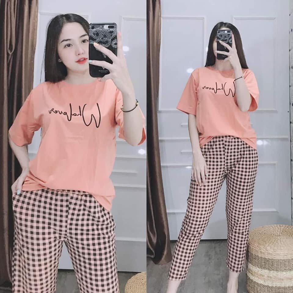 Đồ Bộ Nữ Ngắn Tay Cotton Dài Quần Phối Sọc Logo Thêu