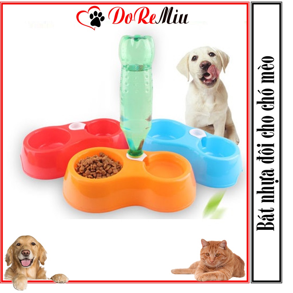 Doremiu- Bát ăn đôi cho chó mèo bằng nhựa cao cấp (2 loại) chén ăn nhựa đôi thú cưng dưới 5kg