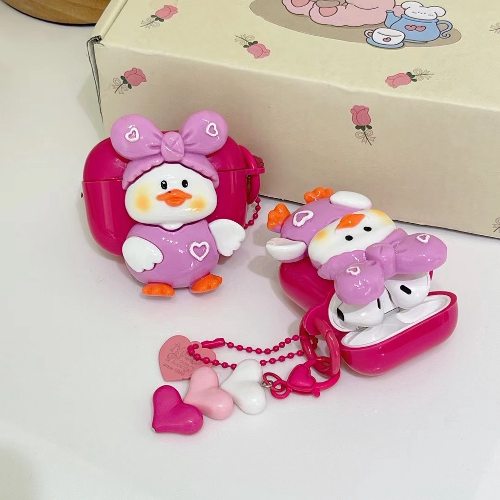 Vỏ Bảo Vệ Hộp Sạc Tai Nghe Bluetooth airpods 1 2 3 pro Bằng tpu Mềm Gắn Móc Khóa Hình Chú Vịt Màu Tím 3DIY Dễ Thương Mới