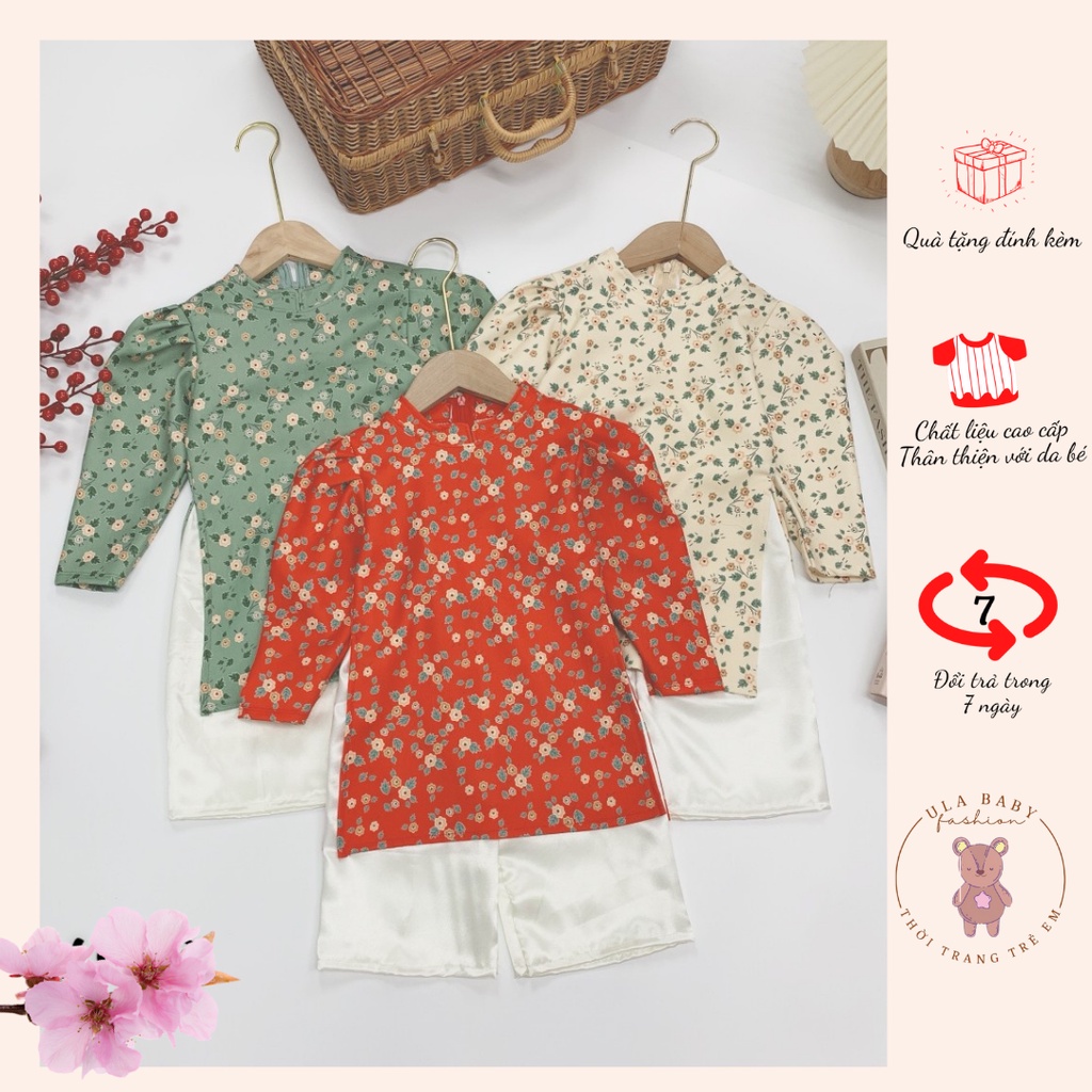 Set áo dài cách tân hoa nhí cho bé gái - 3 màu Đỏ Xanh Be cho bé từ 8-20kg - Ula Baby