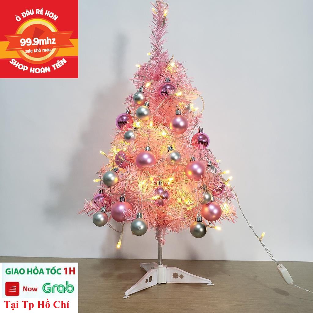Cây Thông Noel Mini Trang Trí Noel Giáng Sinh Màu Hồng Quả Châu Cao 60cm Tặng Dây Led Để Bàn Cực Đẹp
