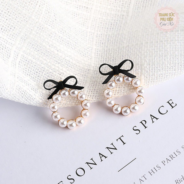 Bông tai vòng tròn hạt châu và nơ nhiều màu, thời trang Hàn cực xinh HT194