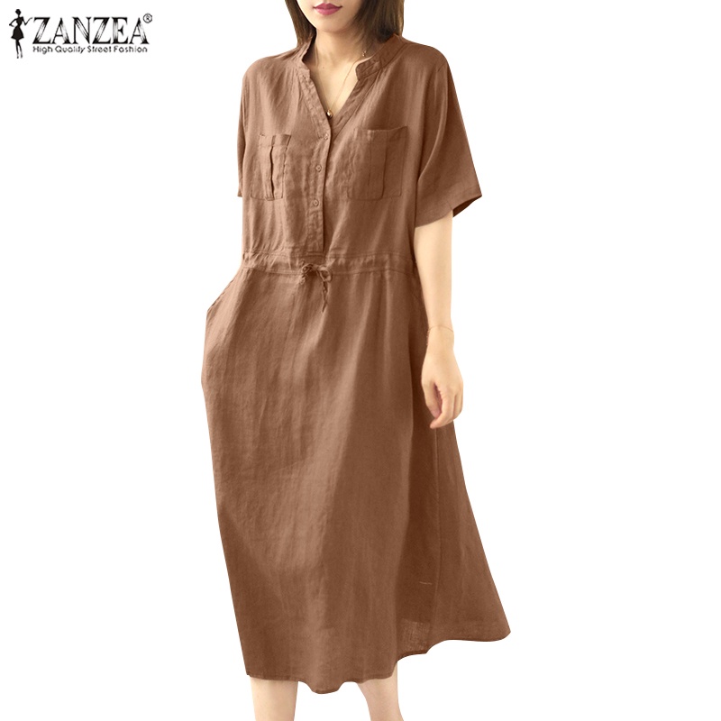Đầm ZANZEA cổ V tay ngắn lưng cao dáng rộng phối dây rút phong cách vintage cho nữ