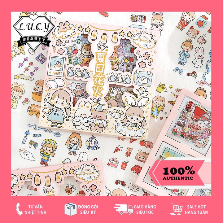 Hộp 100 tấm nhãn dán sticker đáng yêu làm quà tặng sinh nhật, trang trí điện thoại, sổ tay, kệ đựng, bình nước...