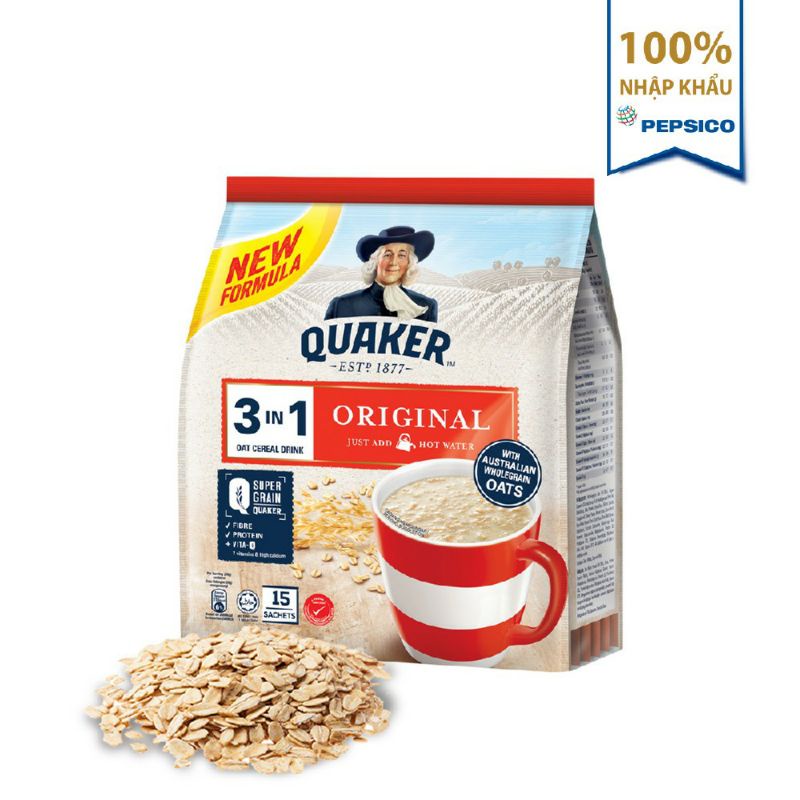 Thức Uống Yến Mạch Quaker 3in1 Nhiều Vị Chocolate, Dâu, Matcha Tự Nhiên gói ngũ cốc pha tiện lợi nhập khẩu