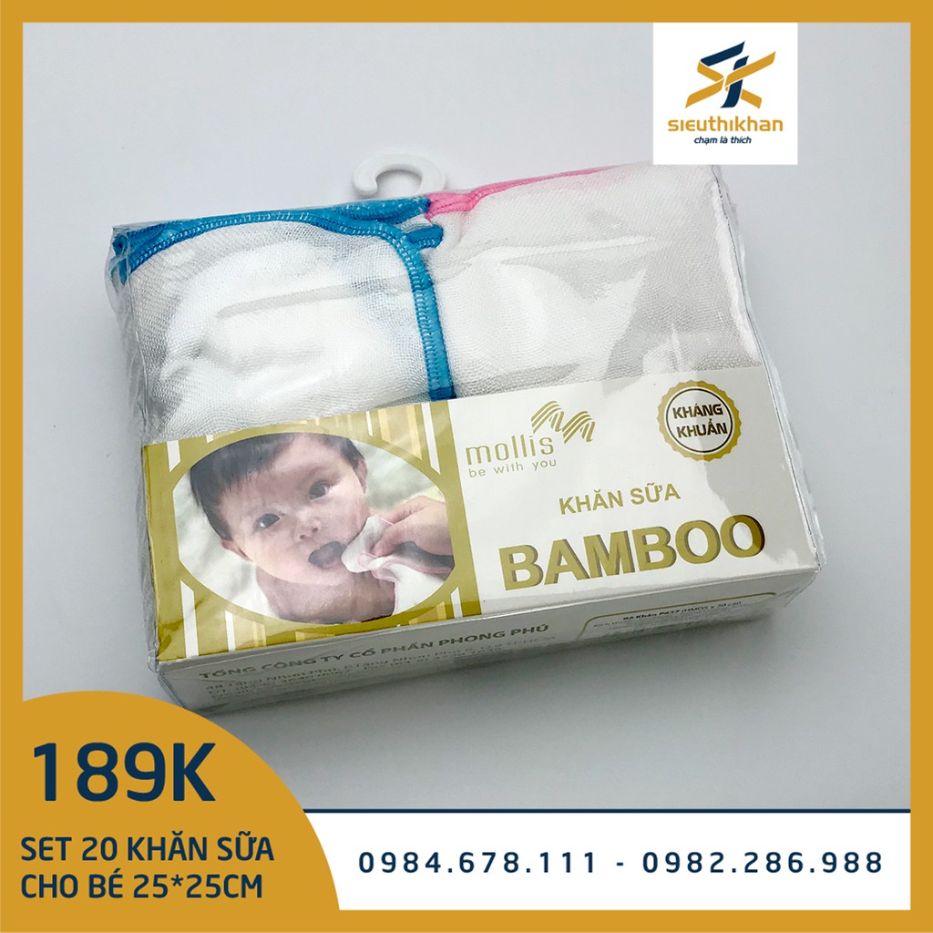 Túi 20 khăn sữa sợi tre cao cấp mollis 3 lớp, kích thước 25x25cm - Khăn sữa mollis cho em bé P637 | SIÊU THỊ KHĂN