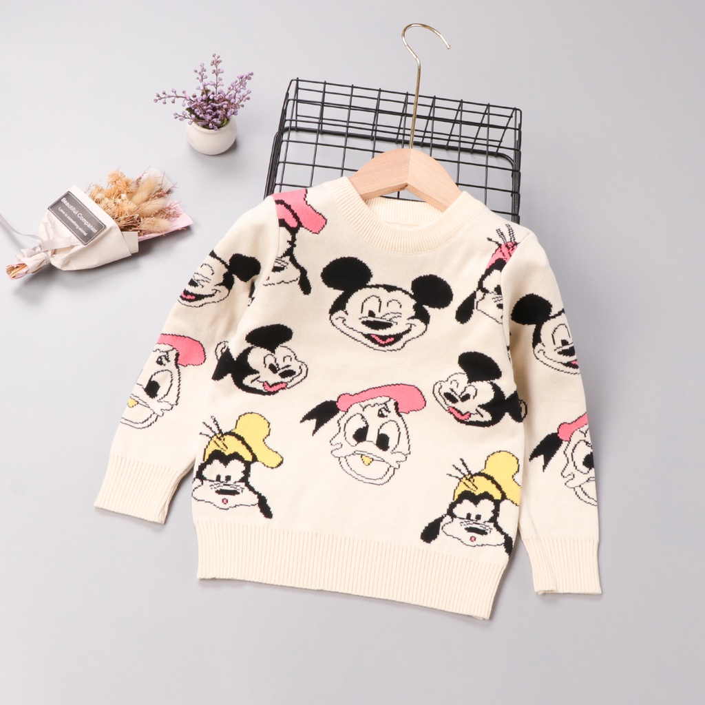 Áo len cho bé gái 2 lớp hình Mickey và Donal, Áo len trẻ em 2-7 tuổi xuất Hàn đanh sợi không bai xù