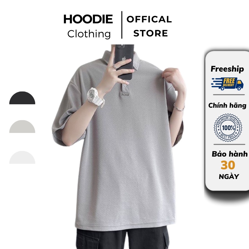 Áo polo nam tay lỡ form rộng có cổ unisex Hàn Quốc Màu Xám AT304