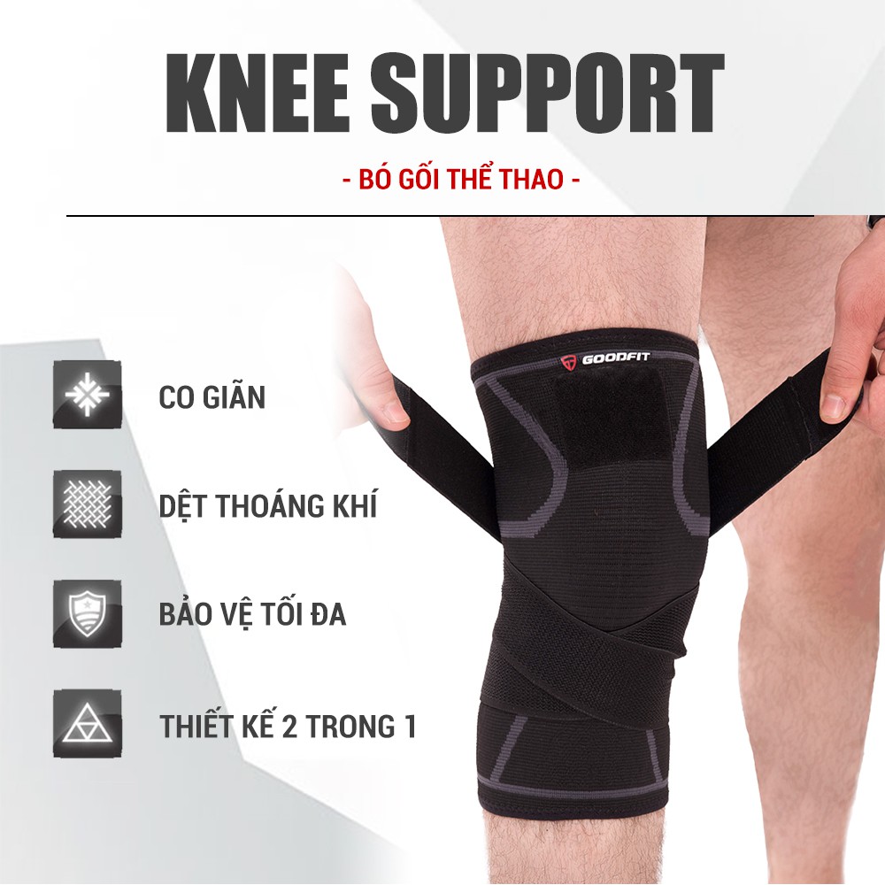 [ Hàng chính hãng ] Bó gối thể thao, băng đầu gối thủ môn, tập gym GoodFit dày dặn co giãn 4 chiều, dây quấn trợ lực chắ