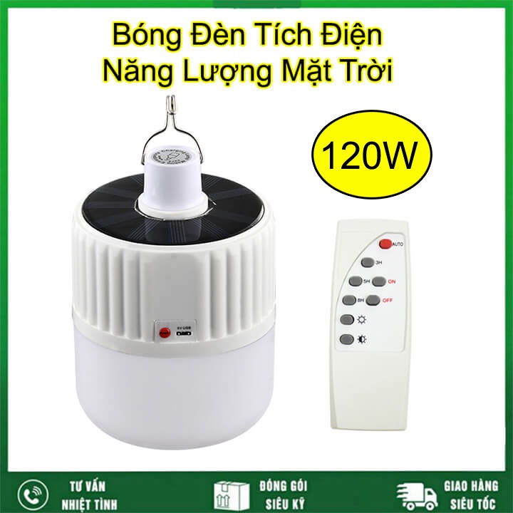 Bóng Đèn Led 120W Tích Điện Và Sạc Năng Lượng Mặt Trời Có Điều Khiển Từ Xa Kèm Theo Củ Sạc