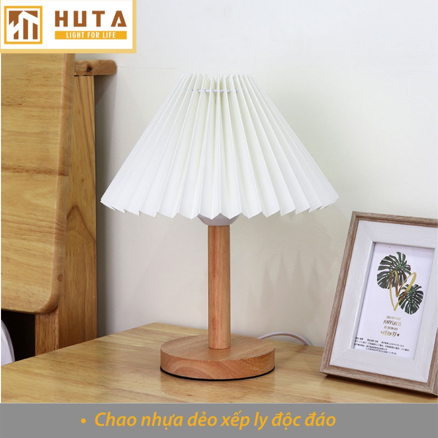 Đèn Ngủ Để Bàn Gỗ HUTA G5 Xếp Ly Vintage, Decor Phòng Ngủ, Đọc Sách Đầu Giường, Điều Chỉnh Độ Sáng, Bóng Led Sáng Vàng