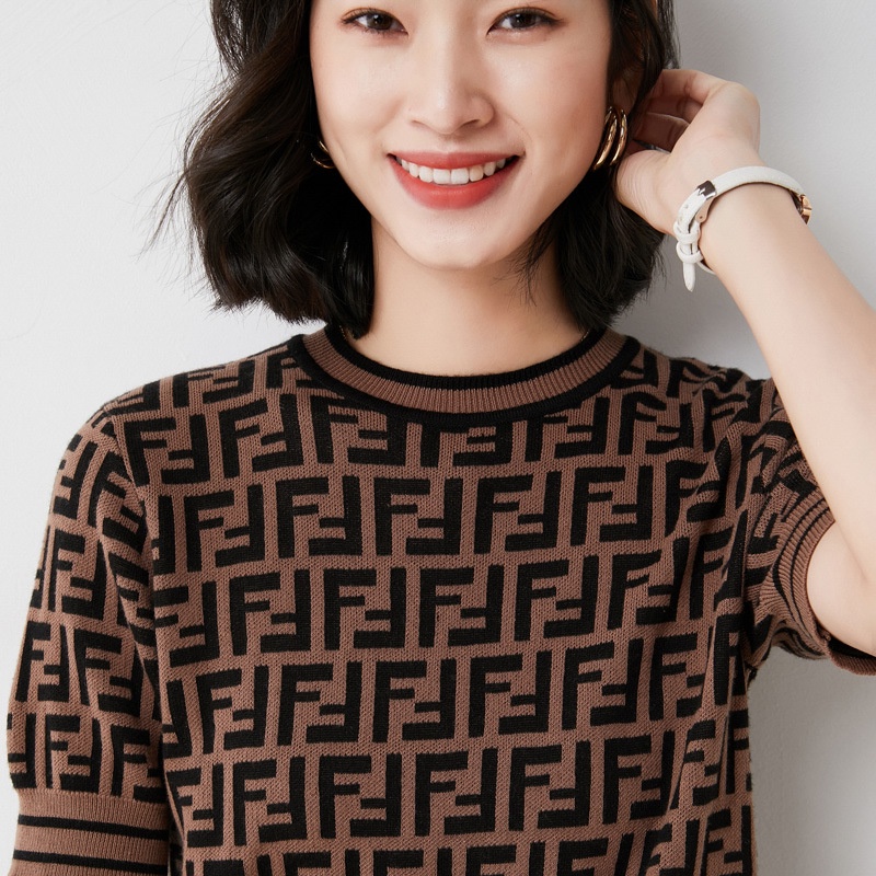 Áo Thun Dệt Kim Tay Ngắn Cổ Tròn Họa Tiết Kẻ Sọc Phong Cách Retro Thời Trang Mùa Hè Cho Nữ