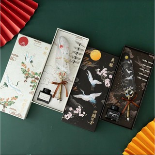 Set bút lông vũ chim hạc kèm hộp mực, 6 ngòi phong cách chim hạc cổ trang