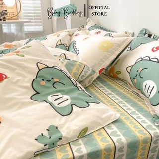 Bộ Chăn Ga Gối Cotton Poly Khủng Long Xanh Nền Trắng Bo Chun Miễn Phí