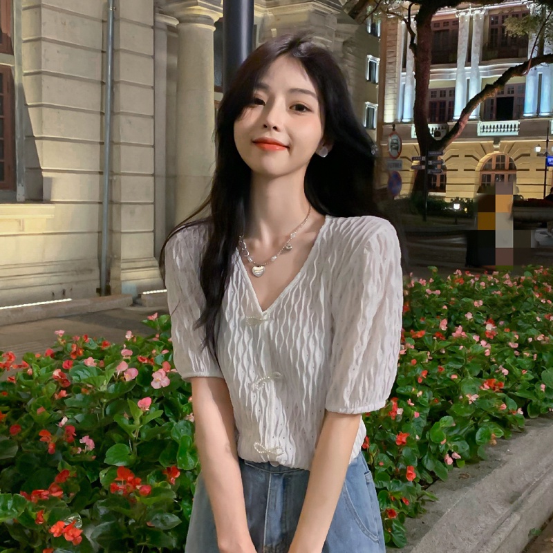 【ZHELIHANGFEI】Áo Dệt Kim Tay Phồng Đính Nơ Ngọt Ngào Thời Trang