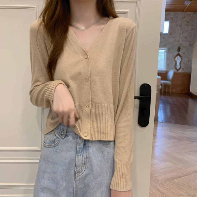 Áo Cardigan Dệt Kim Tay Dài Cổ Chữ V Màu Sắc Đơn Giản Phong Cách Hàn Quốc Thời Trang Mùa Thu Cho Nữ