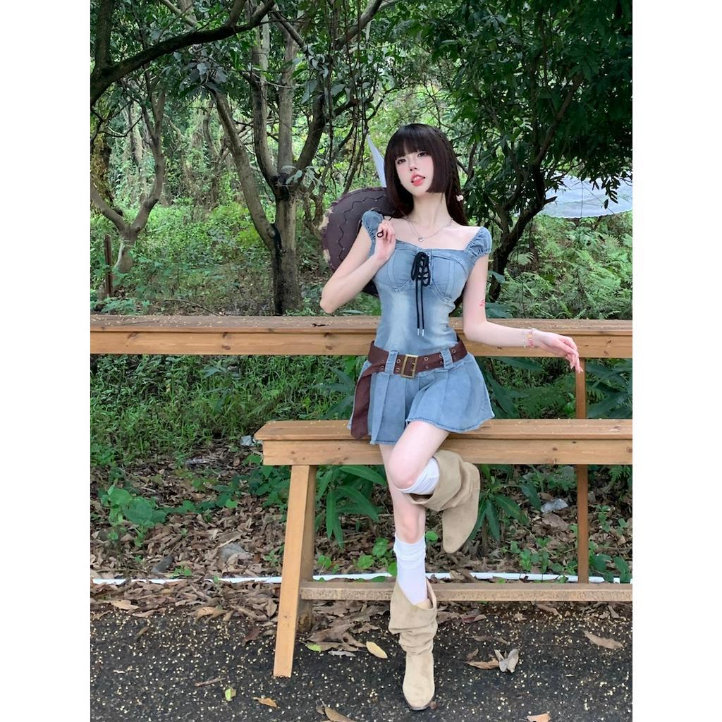 qkoole  Đầm denim Hai Dây Ôm Dáng Phong Cách Hàn Quốc Cổ Điển Dành Cho Nữ