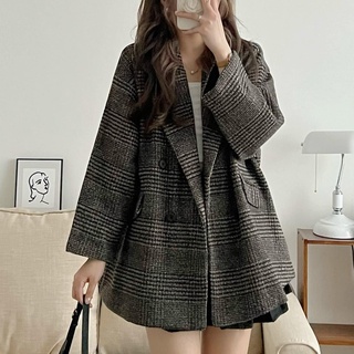 Áo khoác dạ kẻ nữ, áo khoác dạ form rộng 2 lớp - titto closet