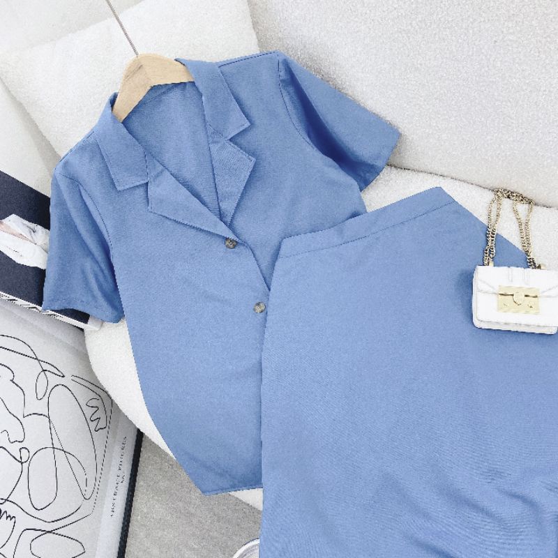 Set áo cổ vest chân váy midi