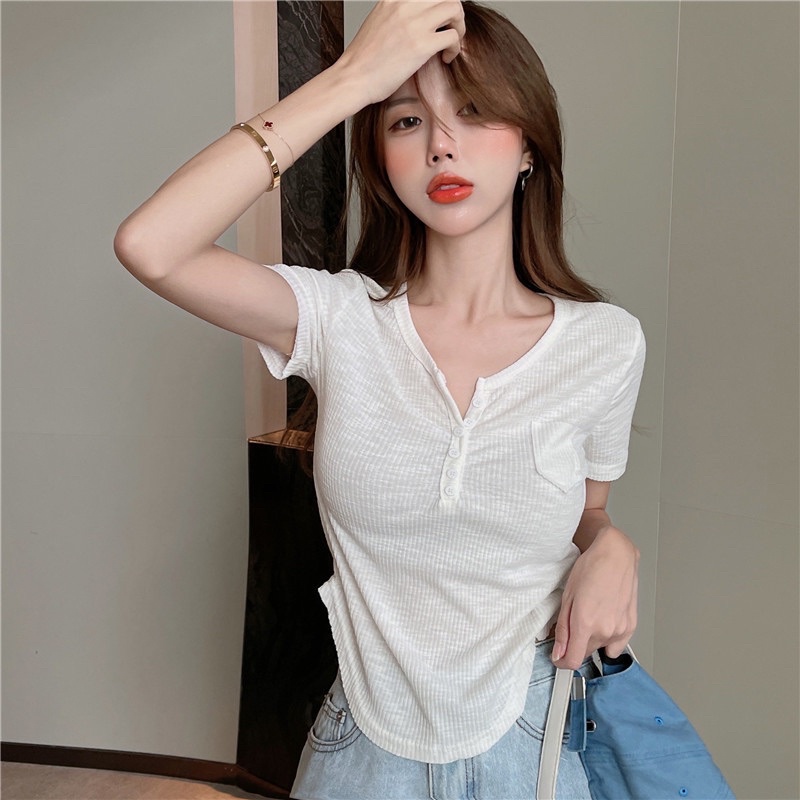 Áo thun tăm khuy nhỏ túi ngực form vừa, Áo kiểu cổ tim ngắn tay AT5036 - NhiNhi Shop