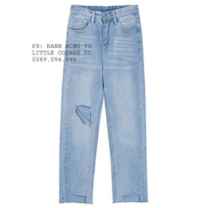 Quần slim baggy jean FREESHIPBaggy Jean  ống suông xanh rách gấu đùi kiểu lưng cao ulzzang quảng châu kèm ảnh thật