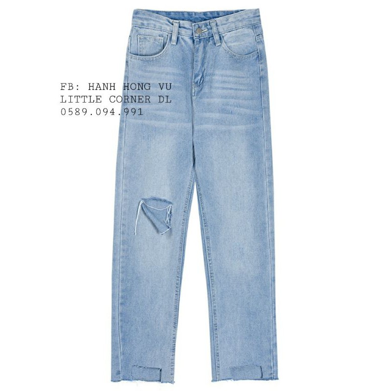 Quần slim baggy jean🔝 FREESHIP🔝Baggy Jean  ống suông xanh rách gấu đùi kiểu lưng cao ulzzang quảng châu kèm ảnh thật